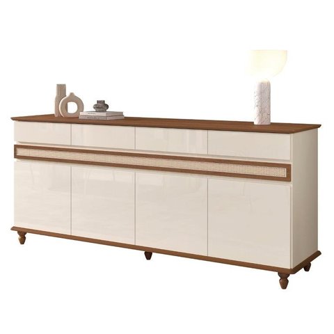 Buffet Balcão Aco 4 Portas com Acabamento em Ratan Cor Off White Cedro