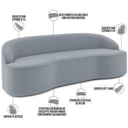 Sofá 4 Lugares Curvo Sala de Estar Living Lótus D02 Veludo Cinza 260 cm C-317 - Lyam Decor - 4