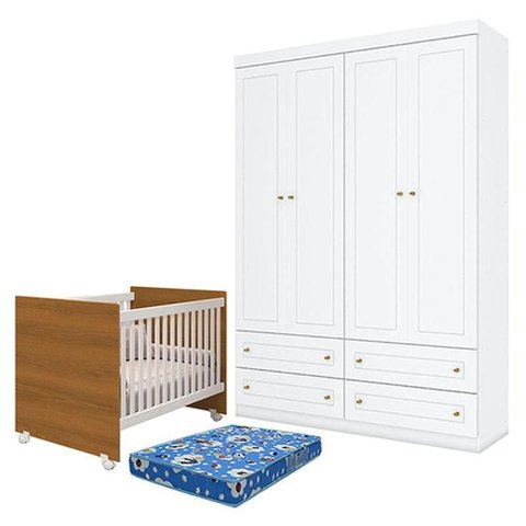 Berço Branco Savana - Reller e Guarda Roupa Infantil Americano 4 Portas Branco e Colchão Ortobom