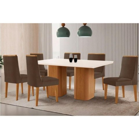 Conjunto: Mesa de Cozinha Maldivas Tampo c/ Vidro Curvo 180cm+6 Cadeiras Dakota Madeira Naturale/Off