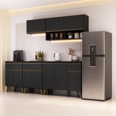 Cozinha Completa Atlanta 10 Portas 3 Gavetas MDP 225cm Preto Touch Móveis Carraro