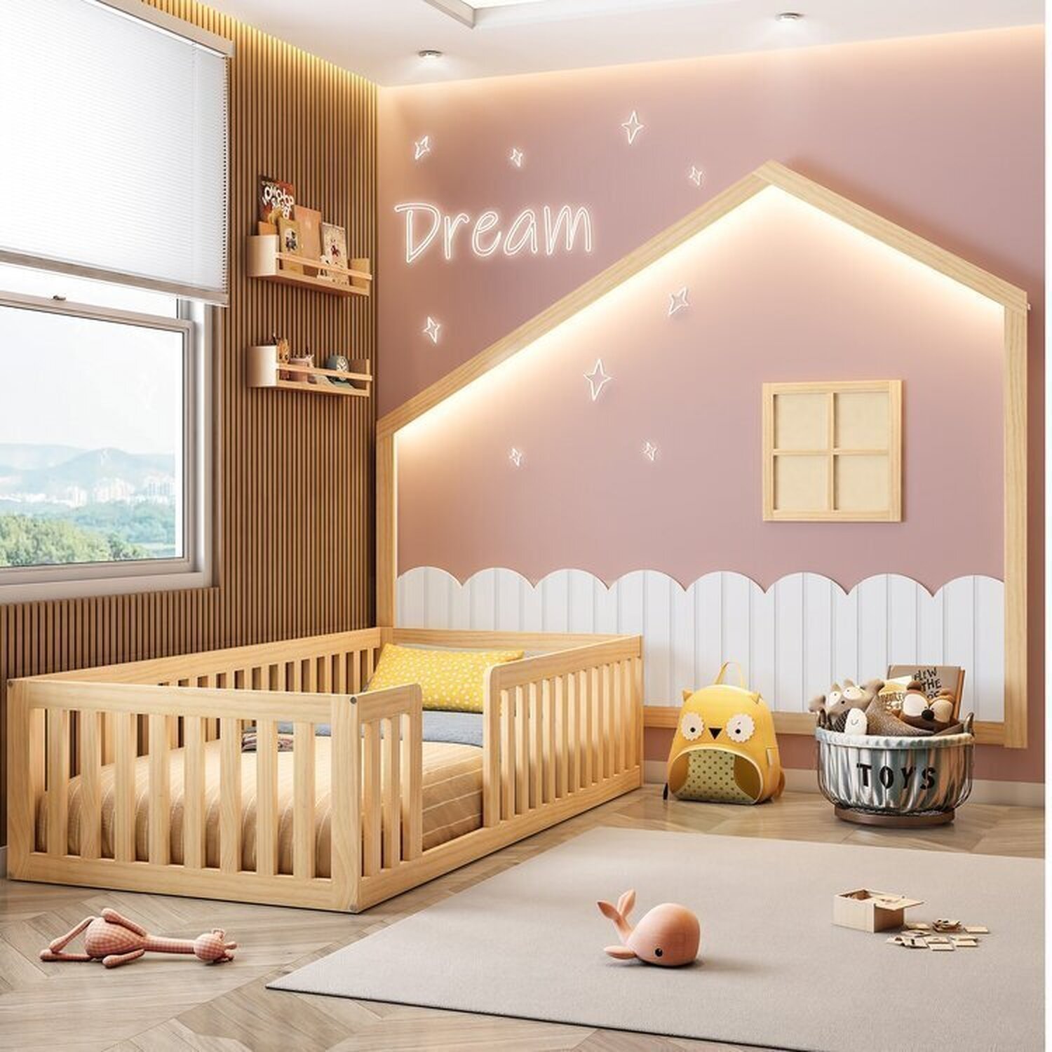 Cama Solteiro Montessoriana Giulia e Moldura Infantil Casinha Dream Decor Casatema