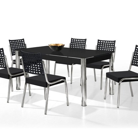 Conjunto Sala de Jantar Mesa Retangular com 6 Cadeiras Natani Yescasa Cromado/Preto