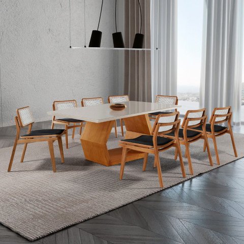 Sala de Jantar Mesa Ane 220cm Tampo Laqueado com Vidro Canto Moeda com 8 Cadeiras Eva Premium