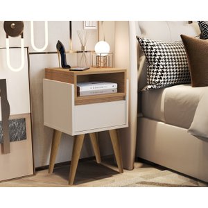 Mesa de Cabeceira Evora Pés Palito Off white / Nature - JM Casa dos Moveis