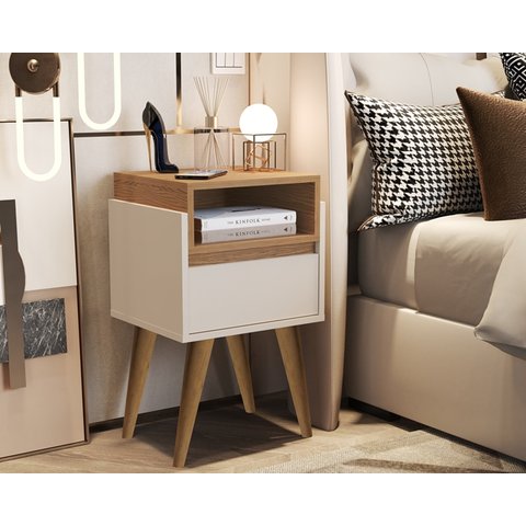 Mesa de Cabeceira Evora Pés Palito Off white / Nature - JM Casa dos Moveis