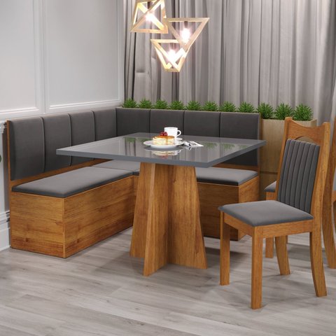 Conjunto Canto Alemão com Baú Bariloche Mesa Quadrada 90x90 sem Vidro e 2 Cadeiras Dallas em Mdp/mdf
