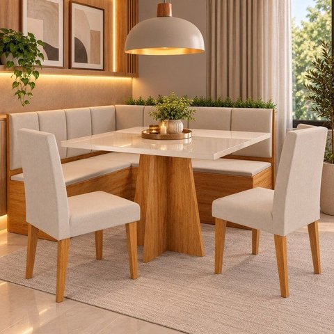 Conjunto Canto Alemão Baú Bariloche Mesa Quadrada 90cm x 90cm sem Vidro e 2 Cadeiras Venus em MDP/