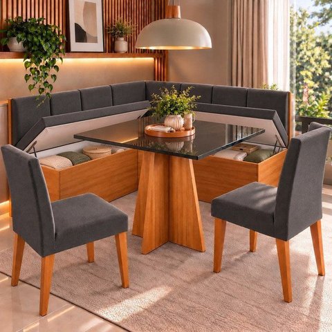 Conjunto Canto Alemão Baú Bariloche Mesa Quadrada 90x90 sem Vidro e 2 Cadeiras Venus em MDP/MDF Ci