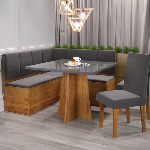 Conjunto Canto Alemão Baú Bariloche Mesa Quadrada 90x90 sem Vidro e 2 Cadeiras Venus em Mdp/mdf