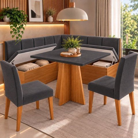 Conjunto Canto Alemão Baú Bariloche Mesa Quadrada 90x90 sem Vidro e 2 Cadeiras Venus em MDP/MDF Ci
