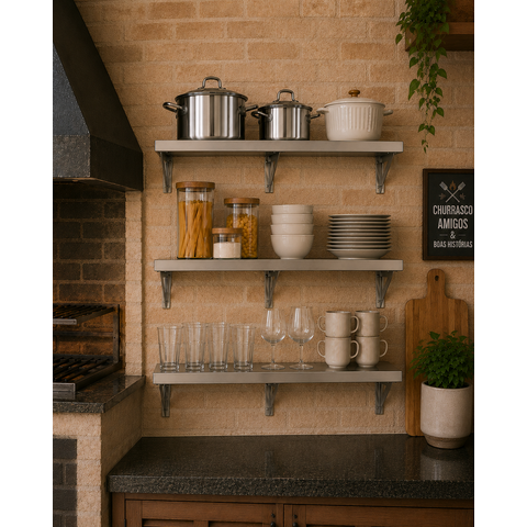 Kit 3 Prateleiras Inox de Parede 100x20cm Aço Inox Escovado