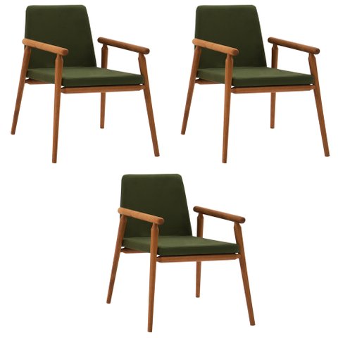Kit 3 Cadeiras Decorativa Sala de Jantar Sidnei Veludo Verde - Gran Belo