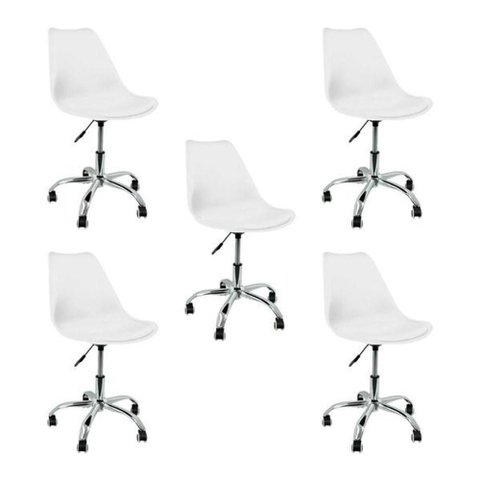 Kit 5 Cadeiras Saarinen Office Secretária Giratória Regulagem de Altura Rodízios Branco