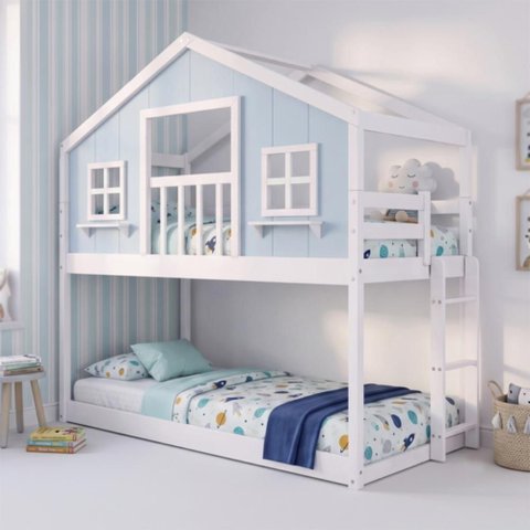 Beliche Infantil Montessoriano com Varanda Casinha Dos Sonhos Madeira Maciça Branco/ Azul Housin