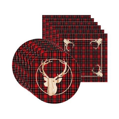Kit Sousplat + Guardanapo Natal Cervo Xadrez - 6 Peças - com Base