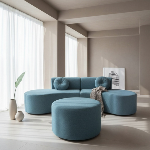Sofá Modular Orgânico Monterrey 260cm + Puff Linho Azul Marinho