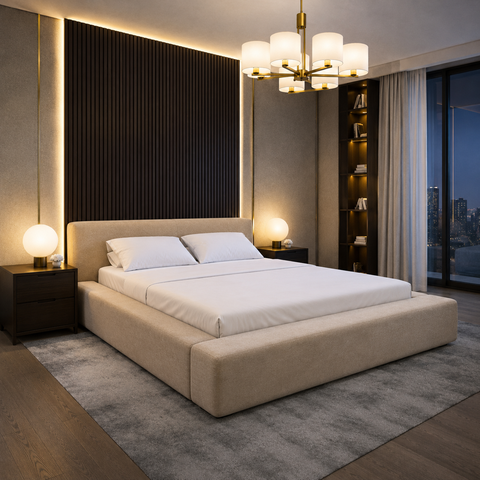 Cama com Cabeceira Queen Lumina Estofada Revestida com Linho:Linho Ocre