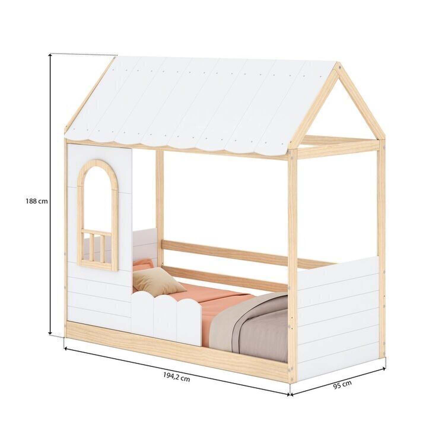 Cama Montessoriana Reversível Casinha com Telhado, Led, Janela e Grade Frontal New Garden Casatema - 5