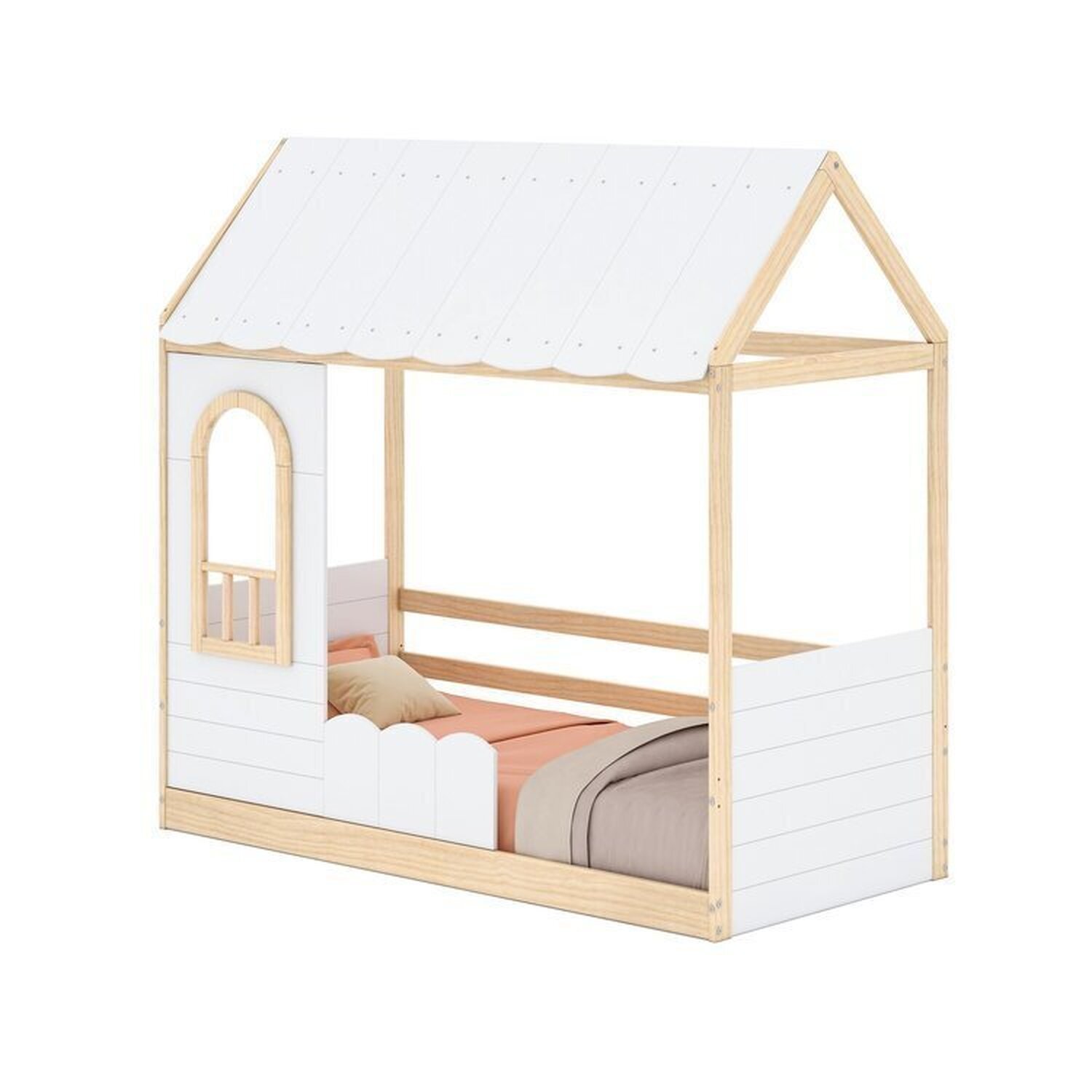 Cama Montessoriana Reversível Casinha com Telhado, Led, Janela e Grade Frontal New Garden Casatema - 4