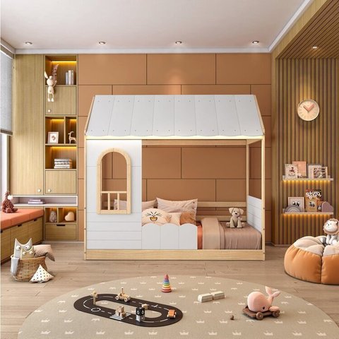 Cama Montessoriana Casinha com LED e Janela New Garden Casatema MadeiraOriginals Branco/Marrom