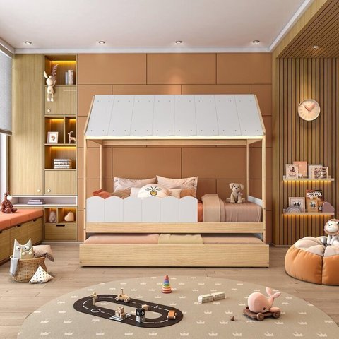 Bicama Infantil Casinha com LED e Grade New Garden Casatema MadeiraOriginals Branco/Marrom