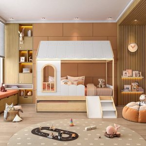 Bicama Reversivel Casinha com Telhado e Led, com Janela, Grade e Escadinha New Garden Casatema
