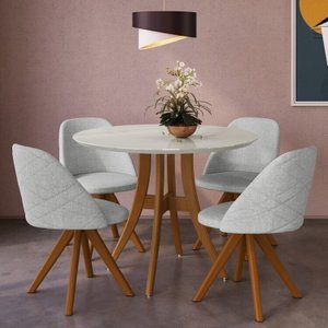 Conjunto Sala de Jantar Mesa Redonda com Tampo em Mdf com Vidro Fendi, Pés Madeira Maciça 4 Cadeiras