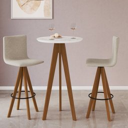 Conjunto Mesa Bistrô com Tampo Redondo em Bp Marmore, Pés Madeira Maciça 2 Banquetas Giratórias Made - 1