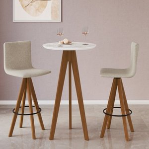 Conjunto Mesa Bistrô com Tampo Redondo em Bp Marmore, Pés Madeira Maciça 2 Banquetas Giratórias Made