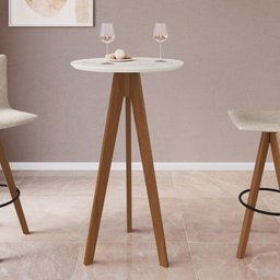 Conjunto Mesa Bistrô com Tampo Redondo em Bp Marmore, Pés Madeira Maciça 2 Banquetas Giratórias Made - 4