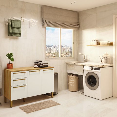 Conjunto para Lavanderia com 2 Peças 100% MDF Itália Espresso Móveis Bege/Amêndoa/Off White