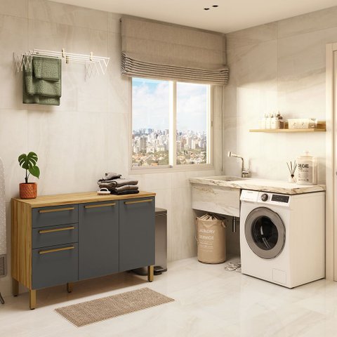 Conjunto para Lavanderia com 2 Peças 100% MDF Itália Espresso Móveis Cinza/Amêndoa/Chumbo