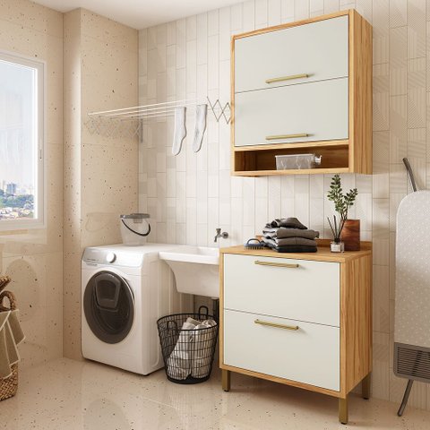 Conjunto para Lavanderia com 2 Peças 100% MDF Vicenza Espresso Móveis Bege/Amêndoa/Off White