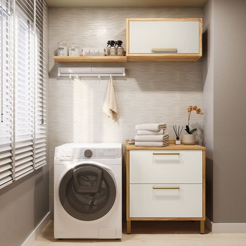Conjunto para Lavanderia com 3 Peças 100% MDF Vicenza Espresso Móveis Bege/Amêndoa/Off White