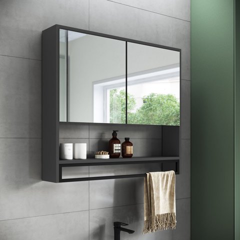 Armário Espelheira para Banheiro 80cm com 2 Portas e Toalheiro Estilo Industrial