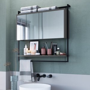 Armário Espelheira para Banheiro 80cm com 1 Prateleira Externa e Toalheiro Estilo Industrial P1043