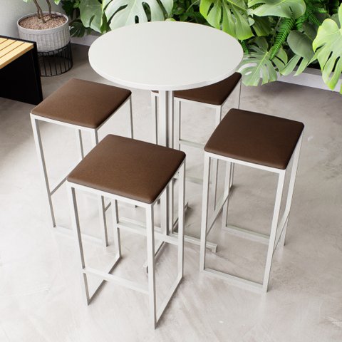 Conjunto Mesa Alta Bar Bistrô Redonda Branca 4 Bancos Estofado Don Castro Decor