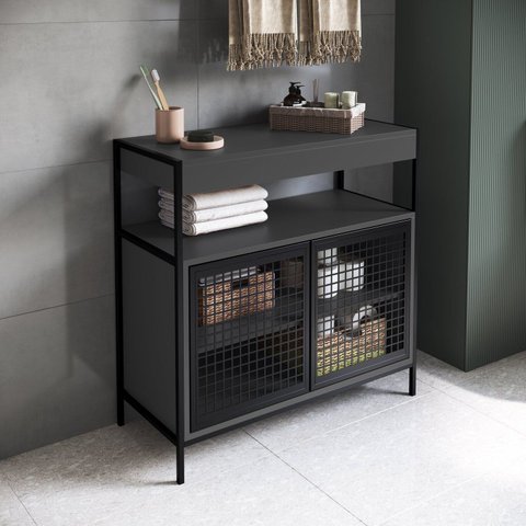 Armário Gabinete de Banheiro 80cm Estilo Industrial com 2 Portas P1038 sem Cuba Preto/Grafite