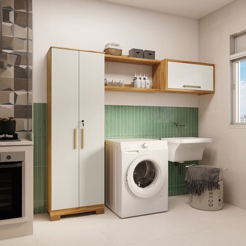 Conjunto para Lavanderia com 3 Peças 100% MDF Vicenza Espresso Móveis Bege/Amêndoa/Off White