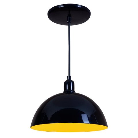 Pendente Meia Lua 24cm Luminária Lustre Alumínio Preto Brilhante C/ Amarelo