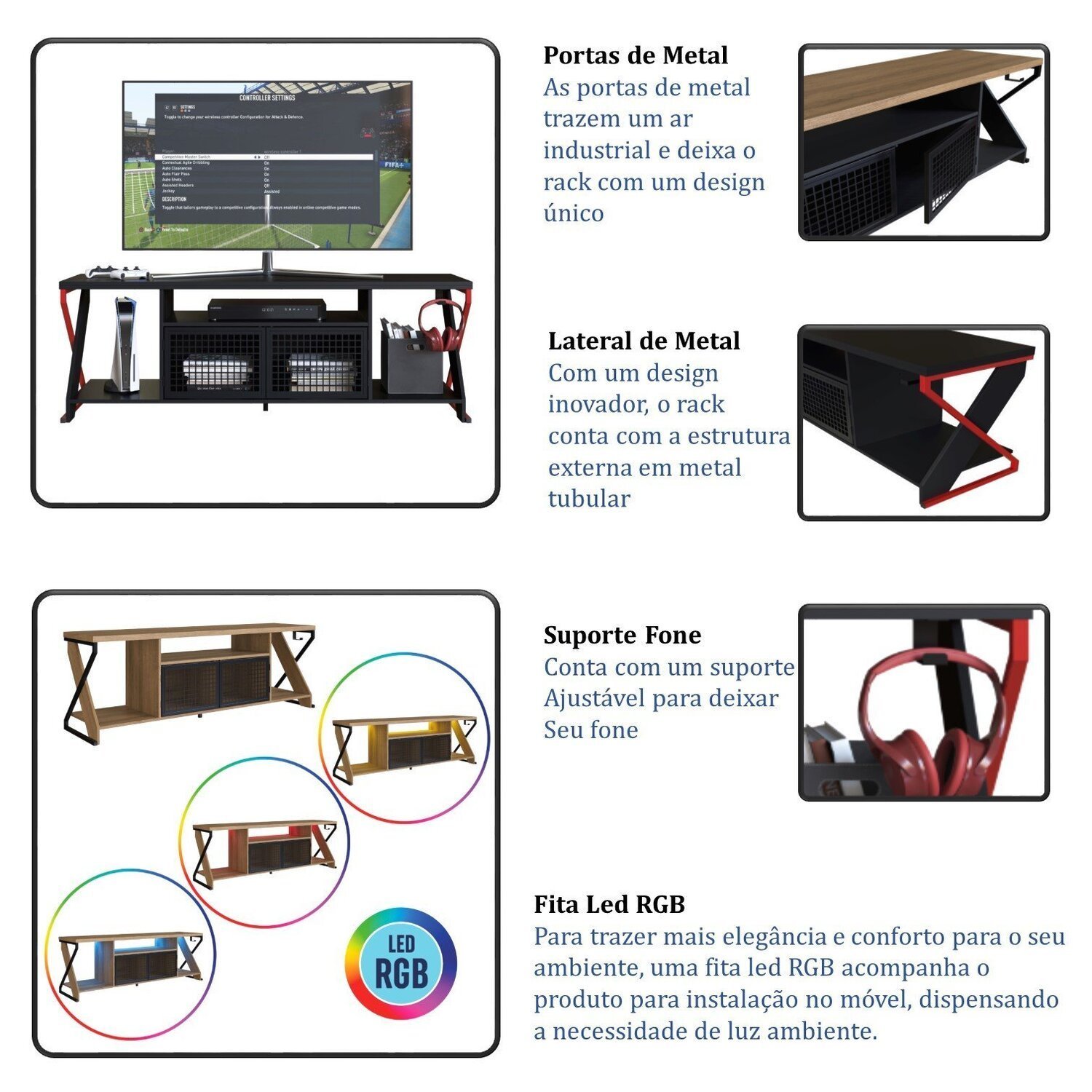 Rack Gamer para Tv até 60 Polegadas Industrial com Iluminação em Led RGB  P1033 - 11