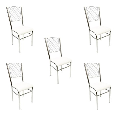 Kit 5 Cadeiras de Cozinha com Reforço Cromada Encosto Grade Assento Branco - Poltronas do Sul