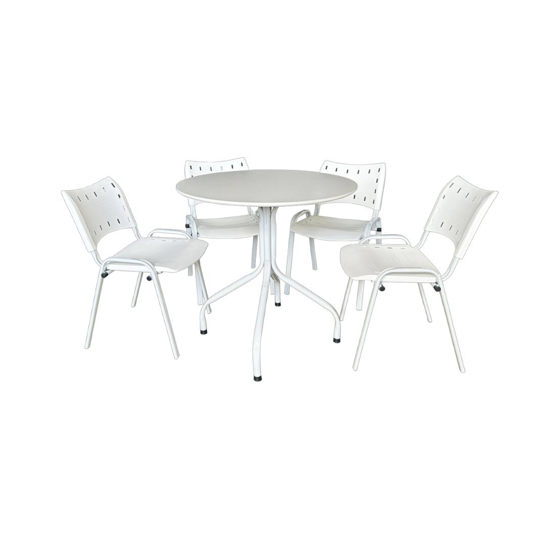 Jogo Mesa Redonda para Restaurante Comércio com 4 Cadeiras Iso Branca Base Branca