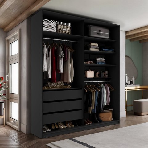 Closet Solteiro 100% MDF BP 159,5cm 3 Gavetas Monreale Cinza/Preto