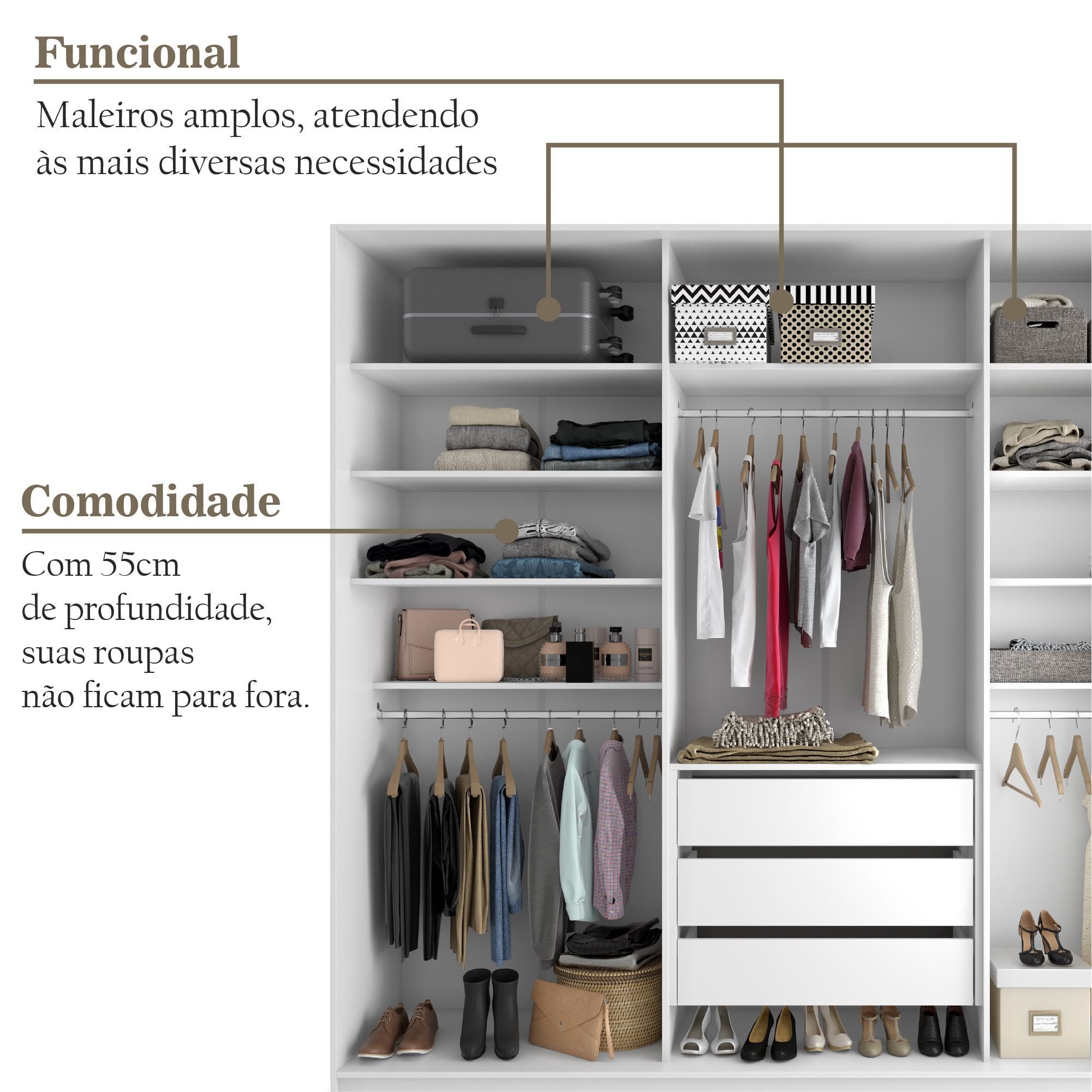 Closet Casal 100% MDF BP 237cm 3 Gavetas Monreale Bege