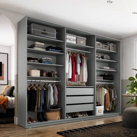 Closet Casal 100% MDF BP 237cm 3 Gavetas Monreale Preto/Cinza