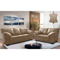 Conjunto Sofá de Couro Legítimo 3 e 2 Lugares Cama inBox Monterrey 2,10x1,60m Bege - 1 Conjunto Sofá de Couro Legítimo 3 e 2 Lugares Cama inBox Monterrey 2,10x1,60m Bege - 1