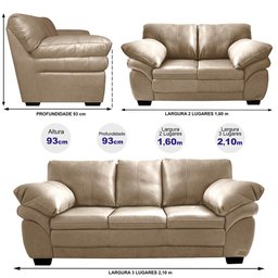 Conjunto Sofá de Couro Legítimo 3 e 2 Lugares Cama inBox Monterrey 2,10x1,60m Bege - 2 Conjunto Sofá de Couro Legítimo 3 e 2 Lugares Cama inBox Monterrey 2,10x1,60m Bege - 2