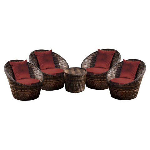 Conjunto de Poltronas Fibra Sintética Bola - 4 Poltronas + 1 Mesa Centro - Tecido Duna Vermelho